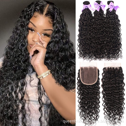 Brazilian Virgin Human Hair Ocean Wave Bundles With Closure Unprocessed Curly Human Hair Bundles Water Wave Extensions With Lace